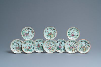 Dix coupes en porcelaine de Chine famille rose à fond céladon, Canton, 19ème
