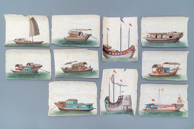 Dix peintures sur papier de riz à décor de jonques, Canton, Chine, 19ème