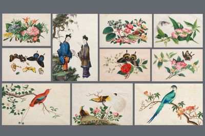Dix peintures sur papier de riz à décor de papillons et oiseaux, Canton, Chine, 19ème