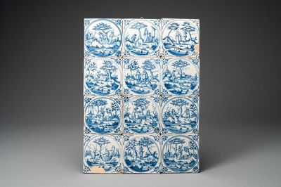 Douze carreaux en faïence de Delft en bleu et blanc, 18ème