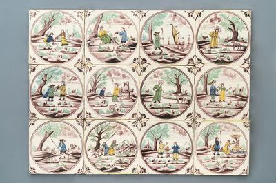 Douze carreaux en faïence de Delft polychrome, Utrecht, 1ère moitié du 19ème