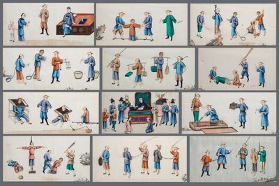 Douze peintures sur papier de riz à décor de scènes de punition, Canton, Chine, 19ème