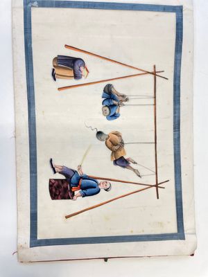 Drie albums en twee kaders met Chinese rijstpapier schilderingen van figuren, fauna en flora, Tak Shang Saihing St. Canton, 19/20e eeuw — foto 39