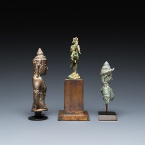 Drie bronzen Khmer sculpturen van Boeddha, Himmapan en Uma, Cambodja en Thailand, Bayon, 11e eeuw en later — foto 3