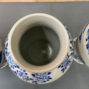 Drie Chinese blauw-witte dekselvazen, Kangxi merk, 19e eeuw — foto 18
