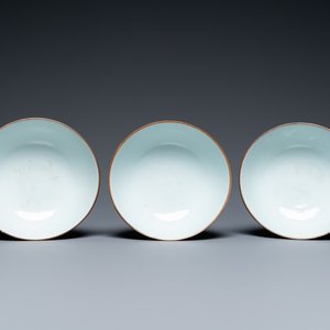 Drie Chinese blauw-witte 'Shou' kommen, Kangxi — foto 7