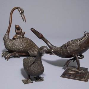 Drie Chinese bronzen wierookbranders in de vorm van eenden en ganzen, 18/19e eeuw — foto 1