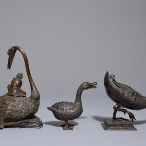 Drie Chinese bronzen wierookbranders in de vorm van eenden en ganzen, 18/19e eeuw — foto 2
