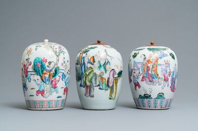 Drie Chinese famille rose en qianjiang cai potten, 19/20e eeuw