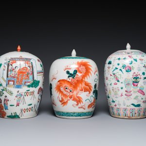 Drie Chinese famille rose en verte dekselpotten, 19/20e eeuw — foto 2