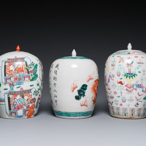 Drie Chinese famille rose en verte dekselpotten, 19/20e eeuw — foto 3