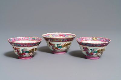 Drie Chinese famille rose kommen voor de Peranakan of Straits markt, 19e eeuw