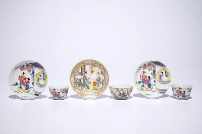 Drie Chinese famille rose koppen en schotels, w.o. één met mandarijns decor, Yongzheng/Qianlong