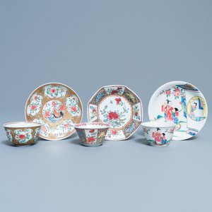 Drie Chinese famille rose koppen en schotels, Yongzheng/Qianlong — foto 1
