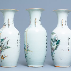 Drie Chinese famille rose vazen met jongens bij vissenkommen, 19/20e eeuw — foto 4