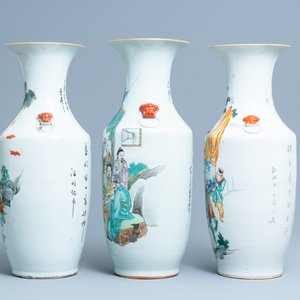 Drie Chinese famille rose vazen met verhalende decors, 19/20e eeuw — foto 4