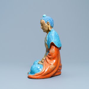 Drie Chinese figuren van Bodhisattva met robin's egg en verguld glazuur, Qianlong/Jiaqing — foto 16