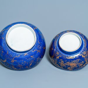 Drie Chinese poederblauwe en vergulde kommen, 19e eeuw — foto 7