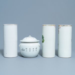 Drie Chinese qianjiang cai hoedensteunen en een dekselkom, 19/20e eeuw — foto 3