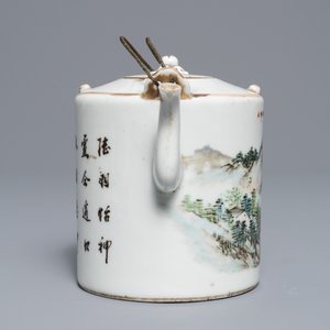 Drie Chinese qianjiang cai theepotten en een ovalen schotel, 19/20e eeuw — foto 14