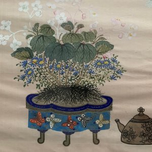 Drie Chinese schilderijen op zijde: ‘Antiquiteiten met bloemen’, 19e eeuw — foto 12