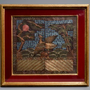 Drie Chinese schilderingen op textiel en een paar ranglappen met kraanvogels, 19e eeuw — foto 6