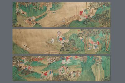 Drie Chinese schilderingen op textiel: 'Rivierscènes', 18/19e eeuw
