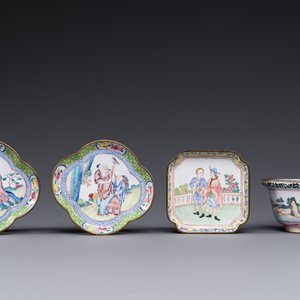 Drie Chinese schoteltjes en een kom in Canton email, Shangxin 赏心 merk, Yongzheng/Qianlong — foto 2