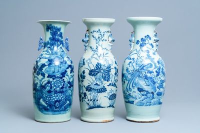 Drie Chinese vazen met blauw-wit decor op celadon fondkleur, 19e eeuw