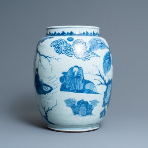 Drie grote Chinese blauw-witte vazen met figuren in een landschap, Transitie periode — foto 8