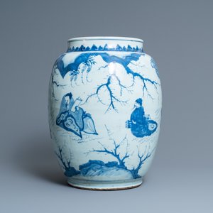 Drie grote Chinese blauw-witte vazen met figuren in een landschap, Transitie periode — foto 9