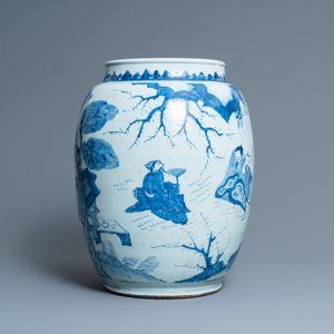 Drie grote Chinese blauw-witte vazen met figuren in een landschap, Transitie periode — foto 10