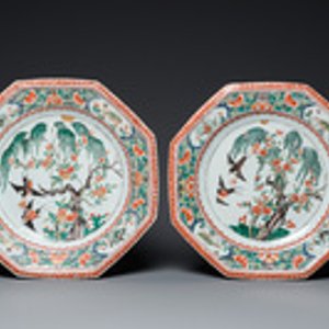 Drie grote Chinese octagonale famille verte schotels, Kangxi — foto 2