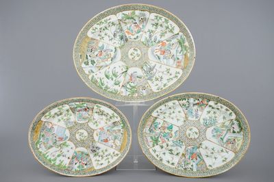 Drie grote ovale Chinese Canton famille verte schotels, 19e eeuw