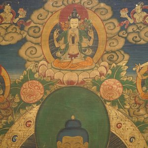 Drie grote thangkas met diverse decors, Tibet of Nepal, 19/20e eeuw — foto 7