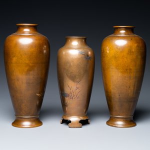 Drie Japanse met zilver en koper ingelegde bronzen vazen, Meiji, 19e eeuw — foto 4