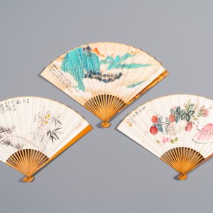 Drie waaiers, navolger van Zhang Daqian 張大千 (1899-1983) en Wu Hufang 吴湖帆 (1894-1968), inkt en kleur op papier — foto 2