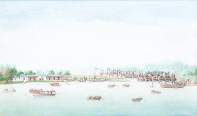 Ecole anglo-chinoise de Canton, huile sur toile, 18ème: 'Vue sur la baie de Whampoa'