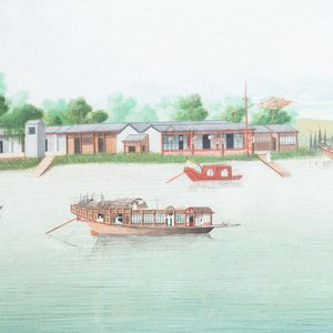 Ecole anglo-chinoise de Canton, huile sur toile, 18ème: 'Vue sur la baie de Whampoa' — photo 3