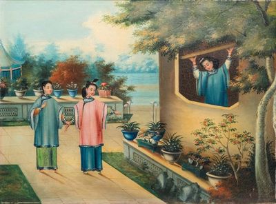 École anglo-chinoise pour l'exportation, huile sur toile: 'Dames sur une terrasse', Canton, 19ème
