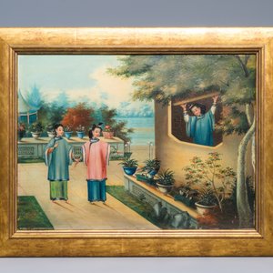 École anglo-chinoise pour l'exportation, huile sur toile: 'Dames sur une terrasse', Canton, 19ème — photo 2