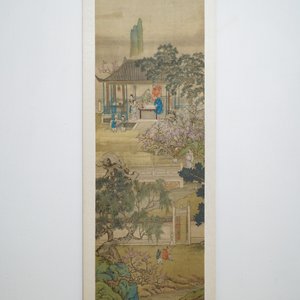 Ecole chinoise, 18/19ème, encre et couleurs sur soie: 'personnages auprès d'une pagode' — photo 2