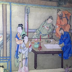 Ecole chinoise, 18/19ème, encre et couleurs sur soie: 'personnages auprès d'une pagode' — photo 26