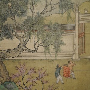 Ecole chinoise, 18/19ème, encre et couleurs sur soie: 'personnages auprès d'une pagode' — photo 5