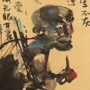 Ecole chinoise, 20ème: Deux figures et calligraphie, encre et couleurs sur papier, monté en rouleau — photo 4
