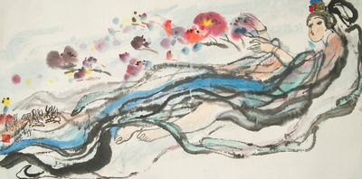 Ecole chinoise, 20ème: Femme allongée, encre et couleurs sur papier