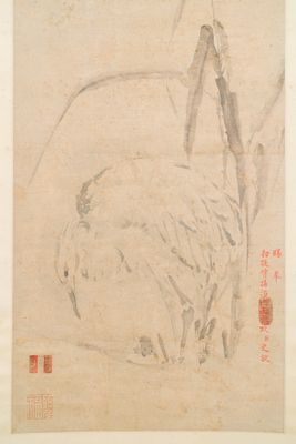 Ecole chinoise, anonyme, dans la collection de Shi Min 史敏 (1415-?): 'Héron et acorus', aquarelle sur papier, datée 1427 mais probablement plus tardive