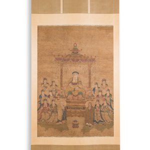 Ecole chinoise: 'Bouddha assis sur un trône de lotus', encre et couleurs sur soie, 18/19ème — photo 2