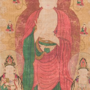 Ecole chinoise: 'Bouddha debout sur deux fleurs de lotus', encre et couleurs sur soie, 18/19ème — photo 3