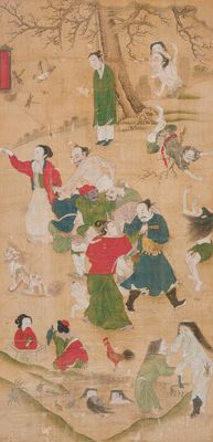 Ecole chinoise: 'Conte populaire', encre et couleur sur soie, 19ème